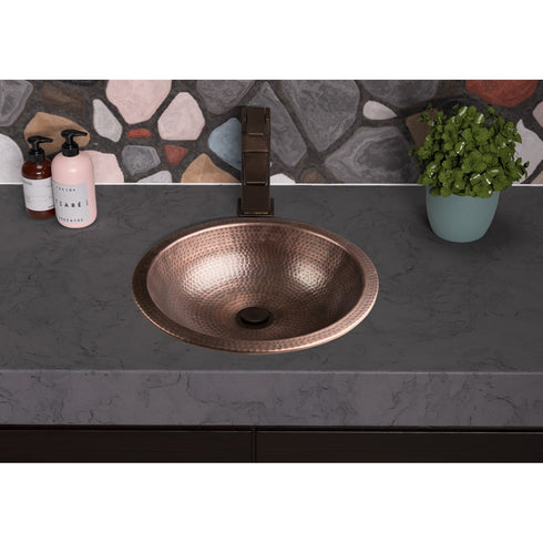 Pure Copper Hand Hammered 16 inch Rotunda Dual Mount Drop In Undermount Bathroom Sink